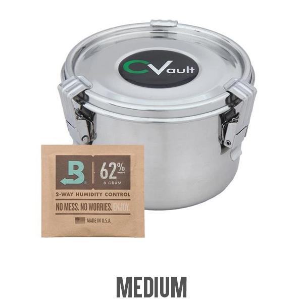 A CVault Humidity Control Airtight Metal Smell Proof Container by CVault with a latch lid is shown next to a Boveda 62% pack. MEDIUM appears below this stainless steel storage container.